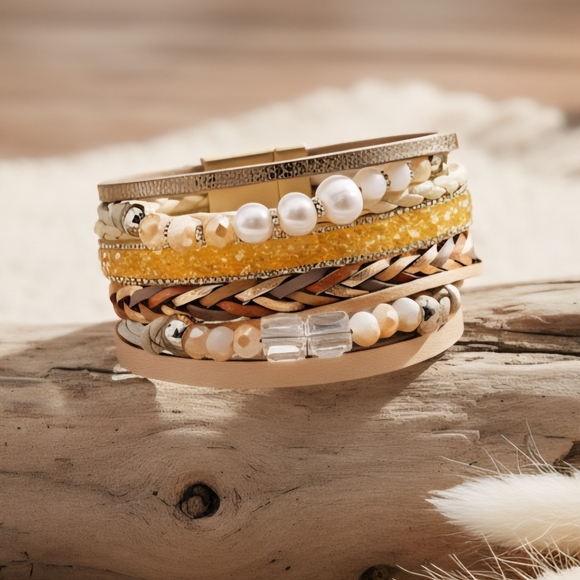 🆕Boho Chic Layered Vegan Leather Magnetic Trendy Bracelet with Faux Pearls - Picture 3 of 17